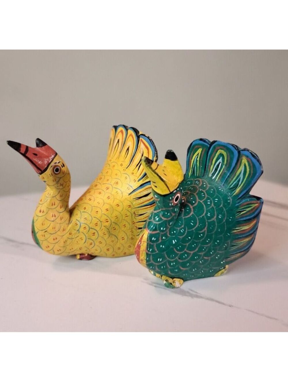 Vintage Set of 2 Hand-Painted Wooden Folk Art Chicken/Duck/Bird Figurines 3.5"